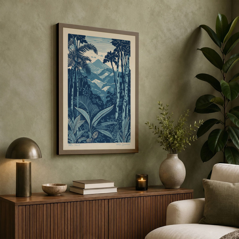 Mountain Through Verdant Forest Tropical - Wrapped Canvas, 24x16 - 61.0 x 40.6 cm, Teal Border