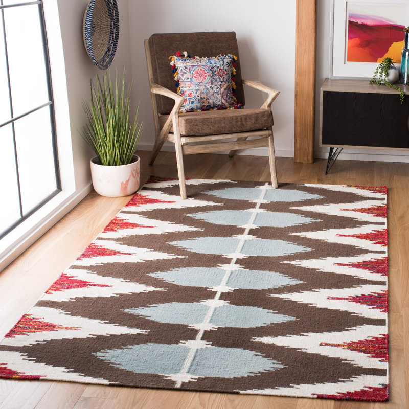 Rodgers Hand Woven Flat Weave Wool/Viscose/Cotton Geometric Rug in Ivory/Blue/Brown, Rectangle 4' x 6'