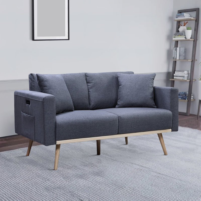 Causeuse à accoudoirs carrés 56,5 po Jeya, Mélange de lin gris