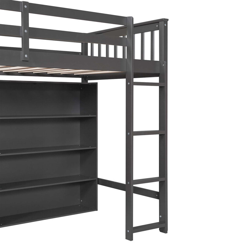Twin Size Loft Bed with 8 Open Storage Shelves, Built-in Ladder, and Comprehensive Guardrails, Antique Grey
