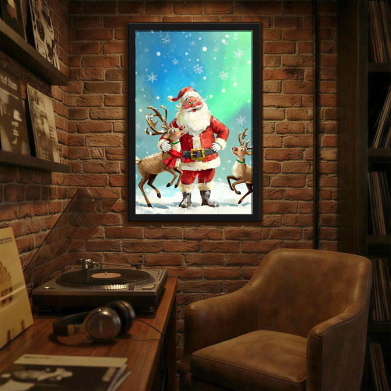 Père Noël avec des rennes dans une scène enneigée, H 36 po x l 24 po