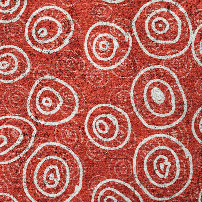 Tapis Dream Shag ADS728 à cercles, lavable à la machine de qualité supérieure, Red, 3' x 5'