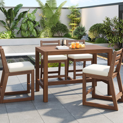 Bar de terrasse en bois 5 pièces, sièges ergonomiques confortables, durabilité toutes saisons, matériaux performants, surface résistante aux égratignures