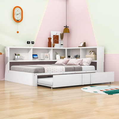 Desarai Full Size Metal Daybed with Twin Trundle, Storage Shelves and USB Ports by Lark Manor