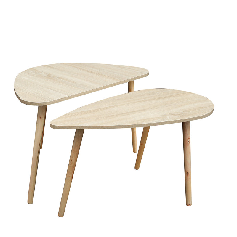 Ensemble de 2 tables gigognes gigognes, table triangulaire, table ovale, table basse de loisirs de style contemporain, Chêne