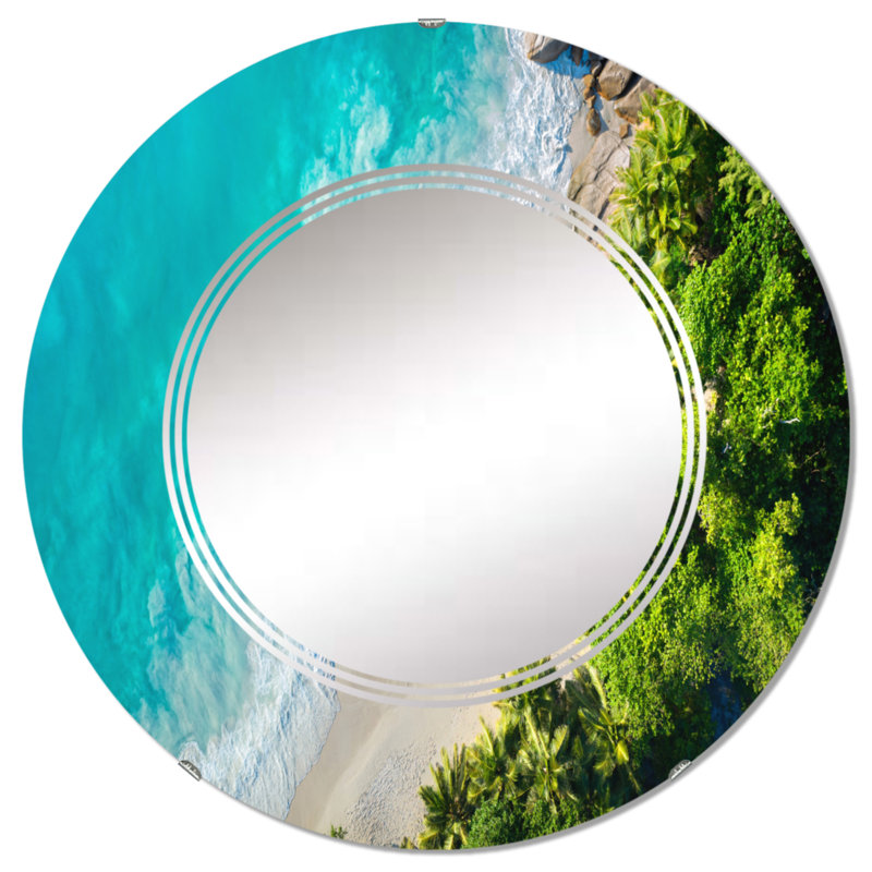Turquoise plage tropicale vue aérienne IV - miroir mural nautique et côtier rond, 24 po x 24 po