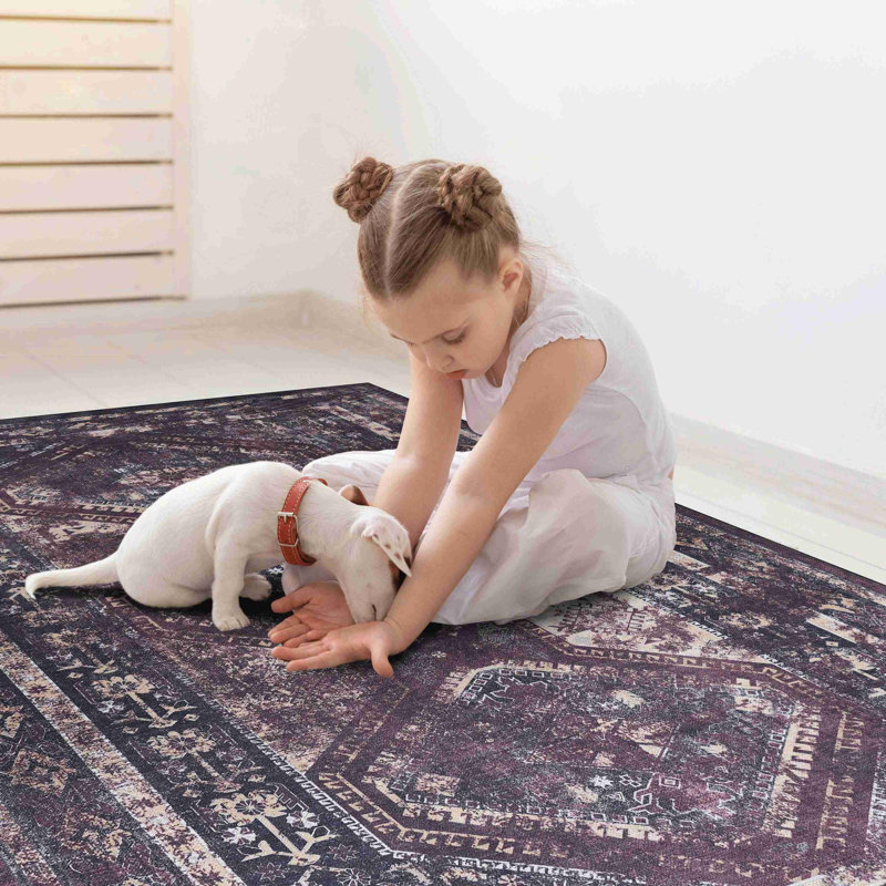 Black+Burgundy Washable Area Rug, Rectangle 2'5" x 10'