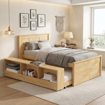 Twin Size Platform Bed with Pull-Out Trundle and Built-In Storage Cabinet, Solid Pine Wood Frame, No Box Spring Needed, 350 lbs Capacity, Space-Saving Bed Frame
