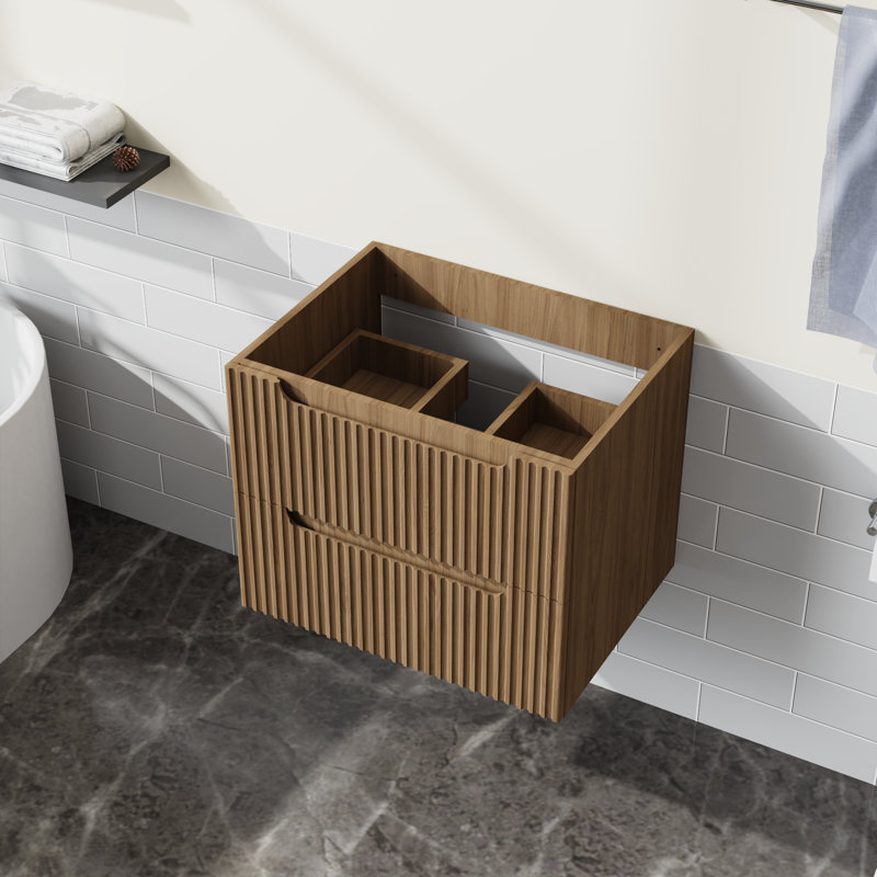 Wall-mount Bathroom Vanity Cabinet Set,walnut Floating Cabinet With White Basin Sink Combo, 24"