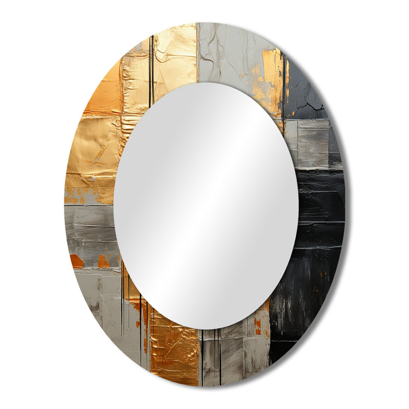 Gold Grey Gleaming Geometry I - Abstract Oval Decorative Mirror On Metal, 43" x 33"
