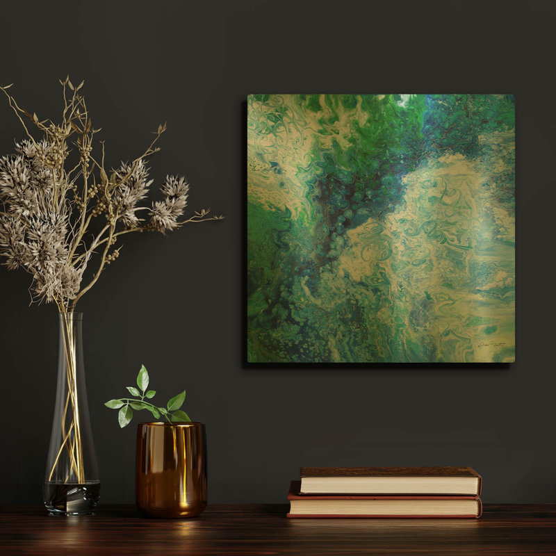 «Blue Lagoon Abstract 1» par Jean Plout, art mural en métal doré, 12 po x 12 po, 12"x12"