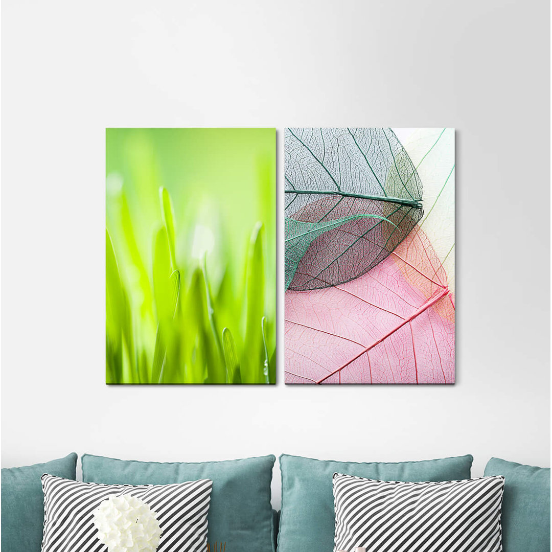 2-tlg. Leinwandbilder-Set - Fotografie „Grass Blades of Grass Green Leaves Spring”