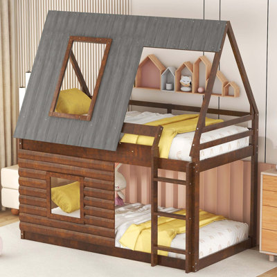 Lit superposé simple en bois avec toit incliné, échelle intégrée, 2 fenêtres décoratives