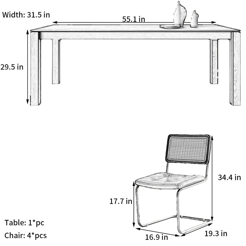 Ensemble de salle à manger Black Wood, H 29,5 po x L 55,1 po x l 31,5 po