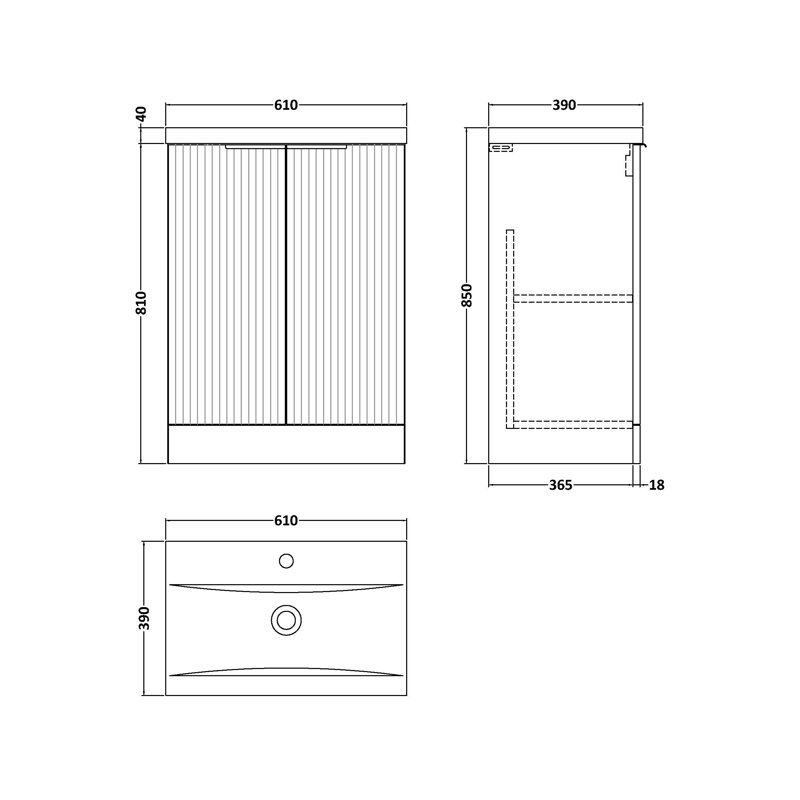 Fluted 610mm Single Bathroom Vanity with Drop In Vitreous China Basin, Satin Green