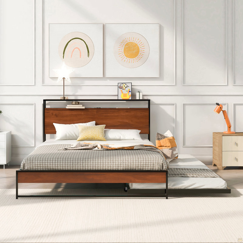 Queen Size Metal Platform Bed Frame With Trundle, USB Ports And Slat Support ,No Box Spring Needed Black, Black