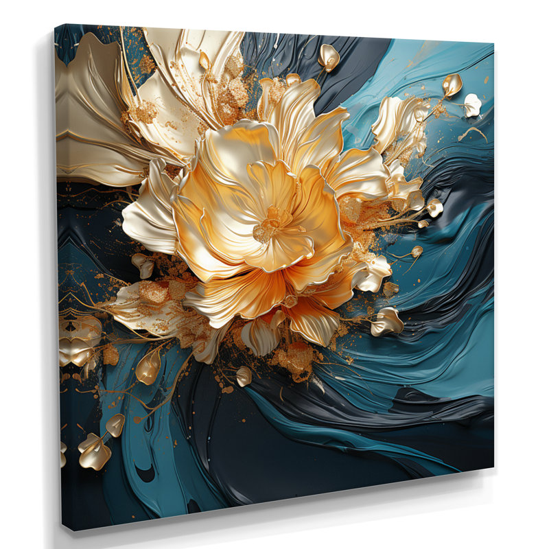 Fleur abstraite dorée sur des vagues bleu sarcelle - art mural floral moderne, Toile tendue, H 16 po x l 16 po x P 1 po