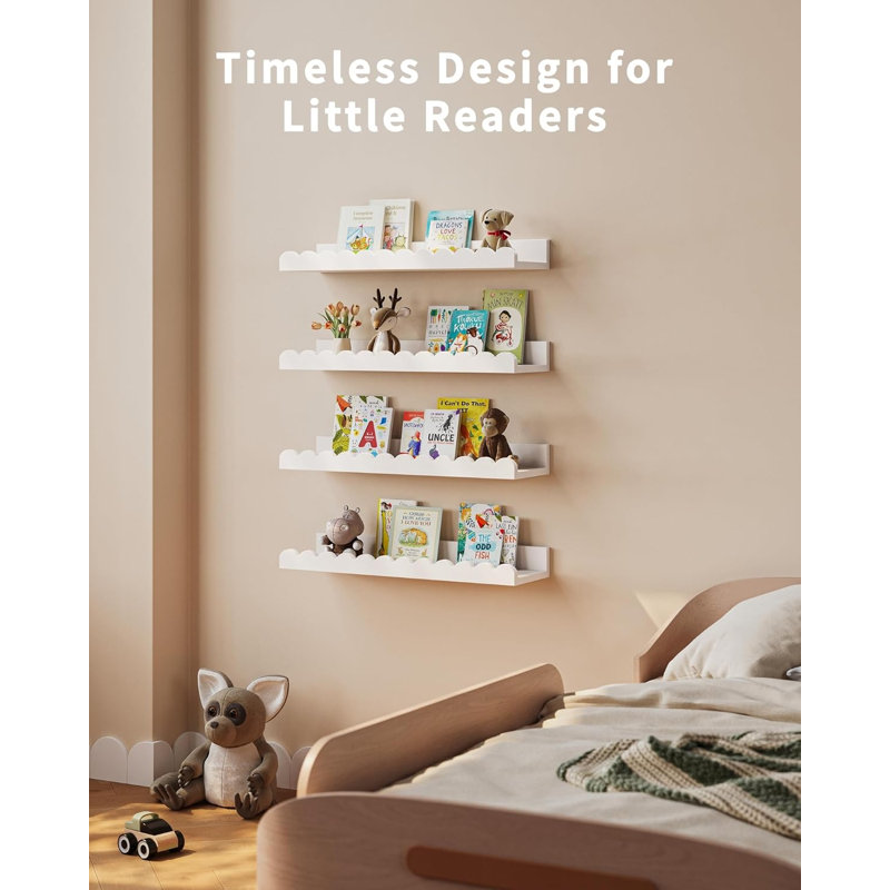 Floating Wall Bookshelves For Kids - 4-Pack Scalloped Nursery Shelves, Durable Hardwood Wall-Mounted Book Display For Toddler Room, Baby Room And Bedroom Decor