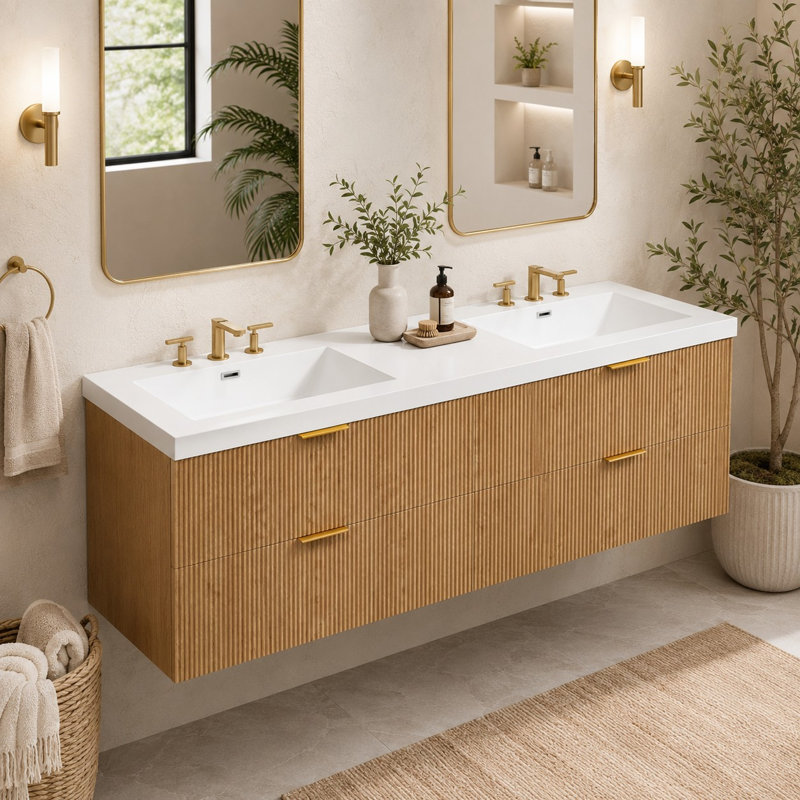 Ensemble de meuble-lavabo double 59 po avec tiroirs cannelés 59 po