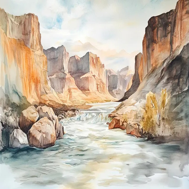 Murale aquarelle, paysage de rivière Canyon, L 108 po x l 96 po