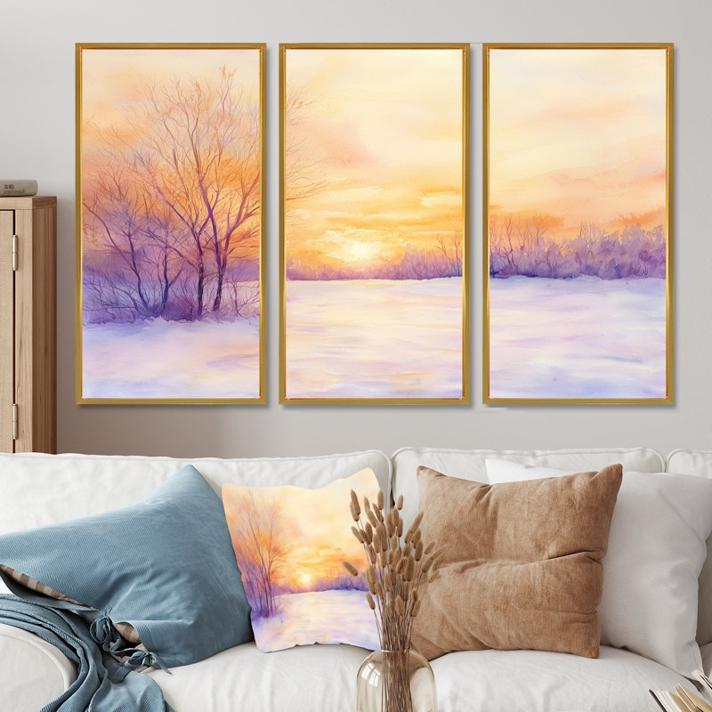 Addisson - Ensemble d'art mural paysage d'hiver, Reproduction avec cadre flottant, H 40 po x l 60 po, Gold