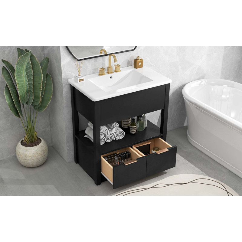 Meuble-lavabo de 30 po avec comptoir d'évier, armoire de salle de bain avec tablette de rangement ouverte et deux tiroirs, un paquet