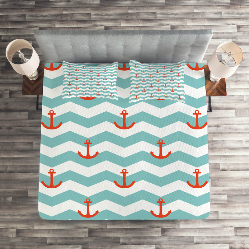 Anchor Coastal Polyester Chevron / Zig Zag Coverlet, King Bedspread + 2 Shams