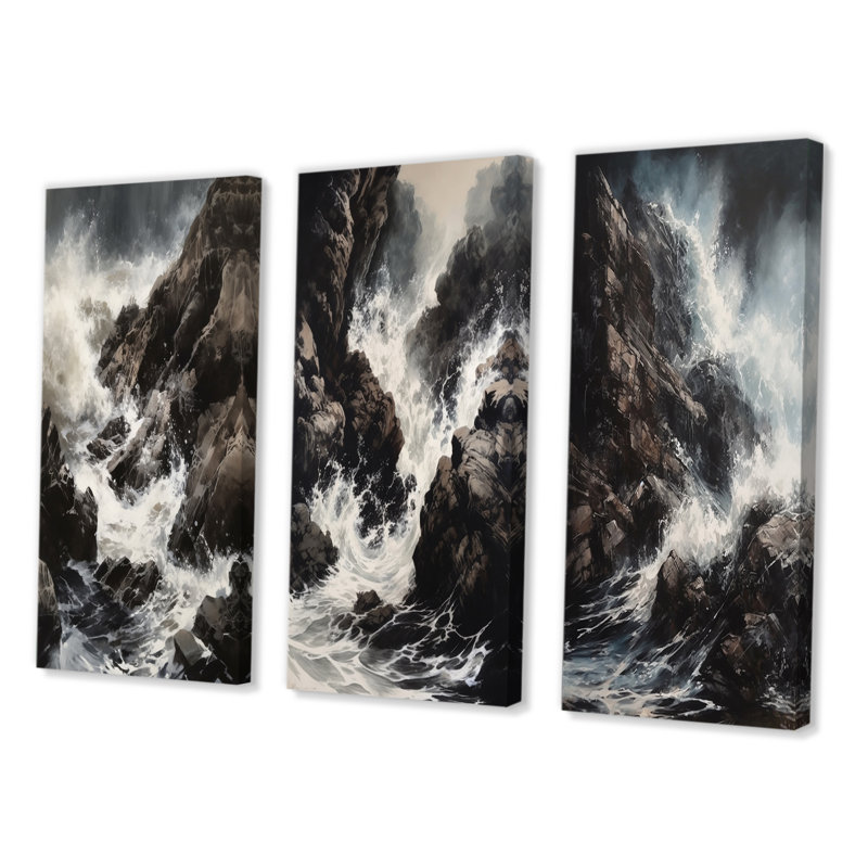«Crashing Rocky Coastline», 3 pièces sur toile, H 32 po x l 48 po, Toile tendue