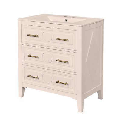 30" Bathroom Vanity with Ceramic Sink, Free-Standing Single Vanity Set with 3 Drawers, Solid Wood Frame