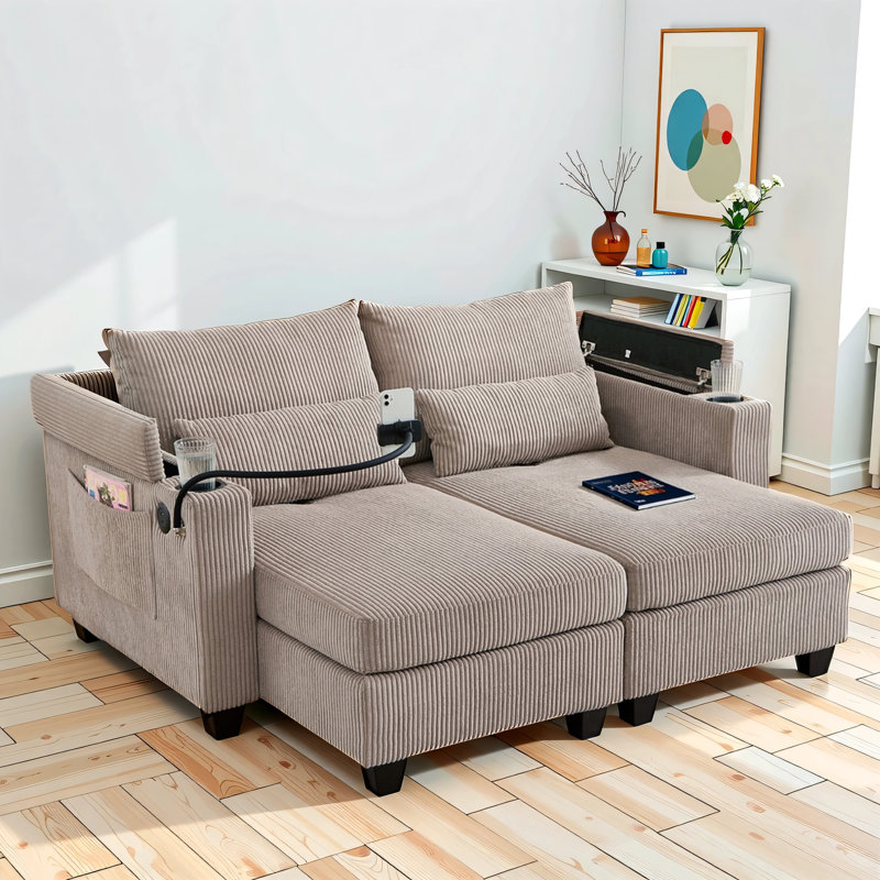 Canapé-lit convertible pour méridienne avec ports USB, porte-gobelets et accoudoirs de rangement, Brun