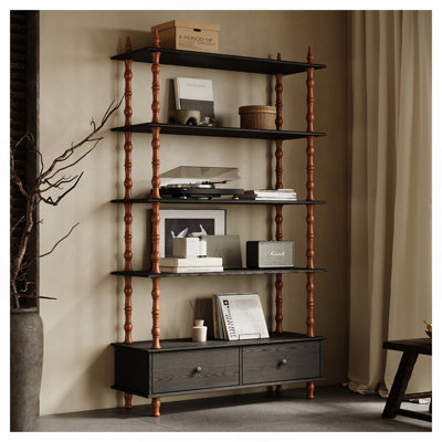 Bookcase Shelf Wood Book Shelf 74.4 Inch Tall,5 Tier Black Shelving Units and Storage Drawers, Modern Solid Wood Veneered Free Standing Shelves, Livin