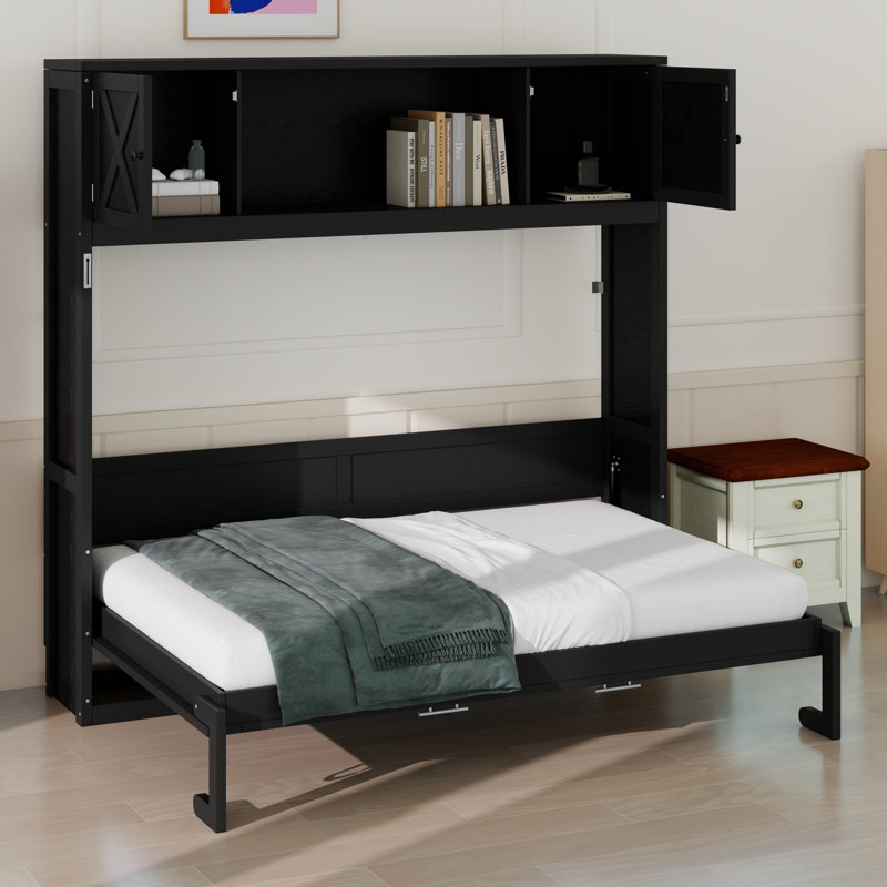 Cadre de lit escamotable multifonctionnel, armoires de rangement pratiques intégrées, Noir