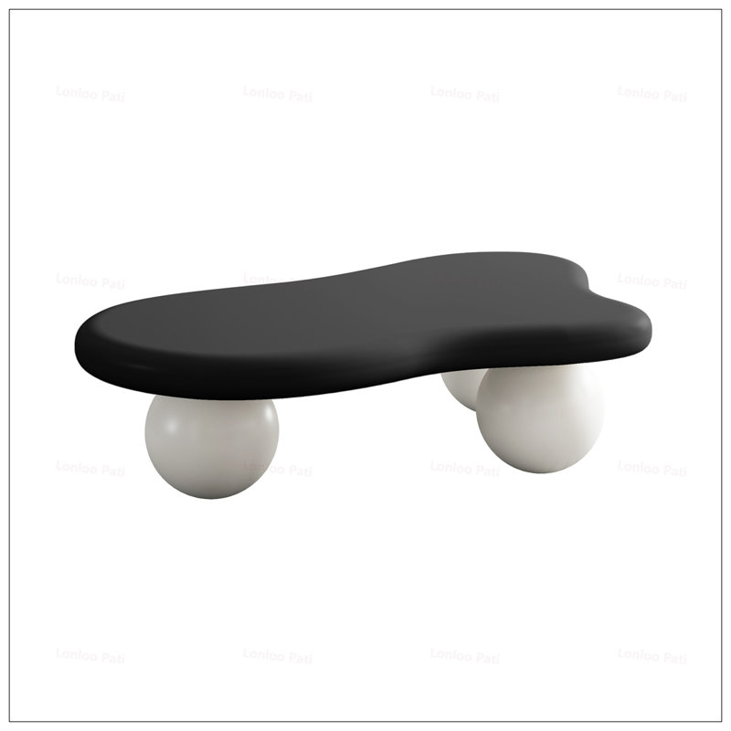 Cloud Shaped Coffee Table With 3 Ball Legs, Center Table, White, Black, 13.78" H x 47.2" L x 31.5" W