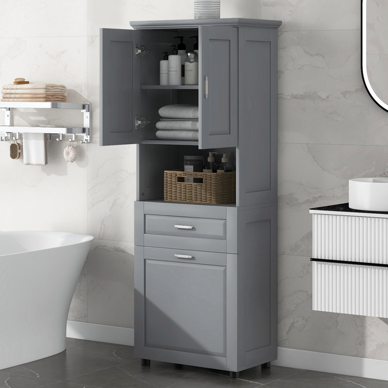 Bathroom Storage, Tall Bathroom Cabinet With Laundry Basket, Large Storage Space Tilt-Out Laundry Hamper And Upper Storage Cabinet, Bathroom Storage