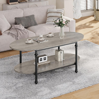 Table basse ovale moderne à 2 niveaux - Table centrale en bois avec tablette de rangement ouverte, pieds cannelés en métal, style industriel pour salon, chambre à coucher, bureau - gris