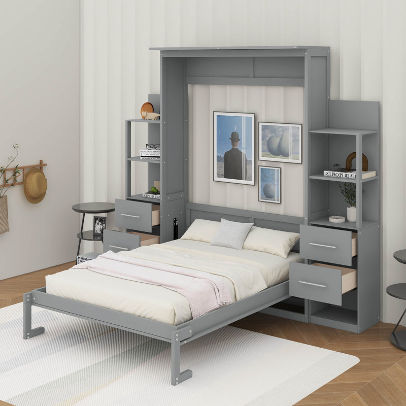Lit escamotable double avec tablettes, tiroirs et lumières DEL, Gris