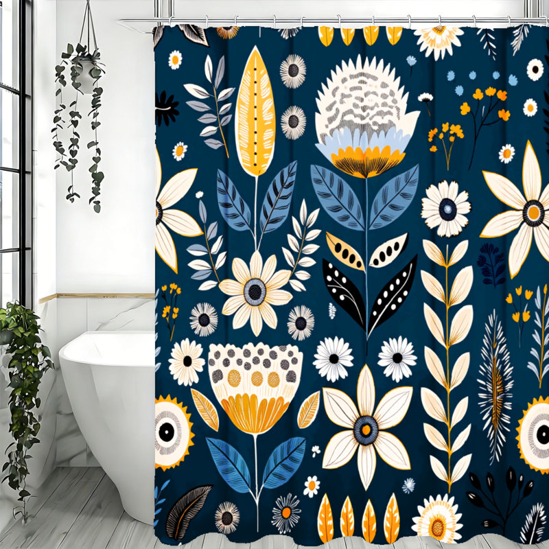 Rideaux de douche Boho avec crochets inclus, Bleu / bleu marine / or floral