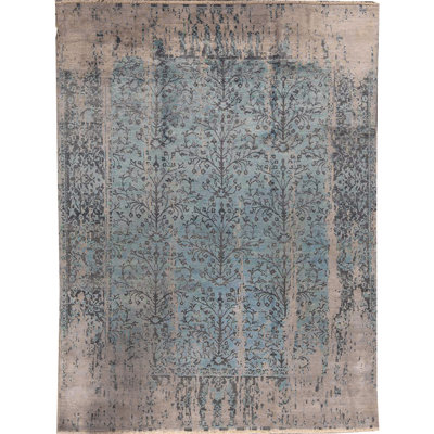 Tapis argent et bleu noué à la main de haute qualité