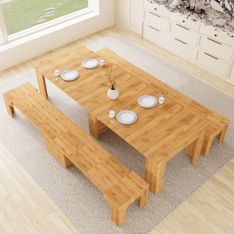 Haakon Kitchen Dining Table Set, 18"-118" Extendable Console Table with Bench(Table, 2 Benches), Cream