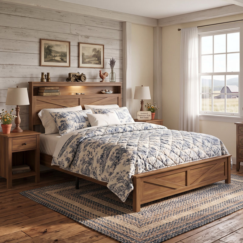 Queen Upholstered Platform Bed with LED Lights, Charging Station and Hidden Storage Headboard, Antique Brown