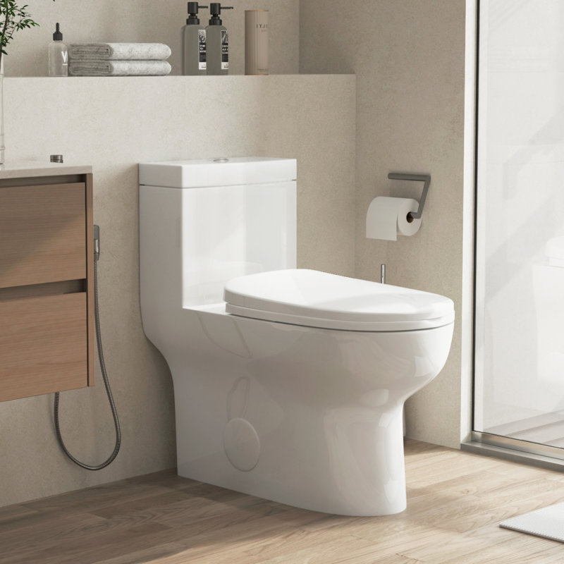 Toilette allongée monopièce à double chasse (siège inclus)