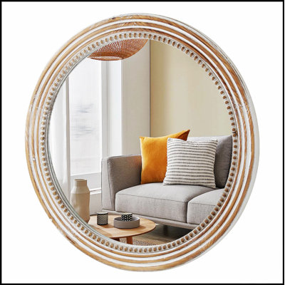 Rustic Round Wall Mirror, 23.62 Inches With Beads, Perfect For Farmhouse Decor And Enhancing Room Light