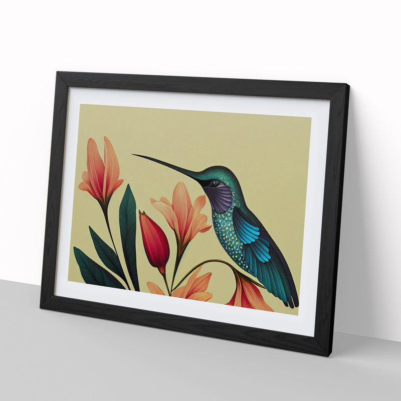 Otherworldly Floral Hummingbird - Single Picture Frame Print, 46cm H x 64cm W x 2cm D, Black