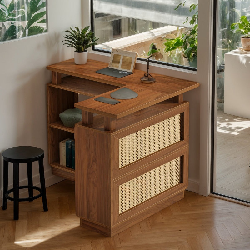 Meuble-bar de coin avec accents en rotin, armoire à boissons et table de bar pour petits espaces