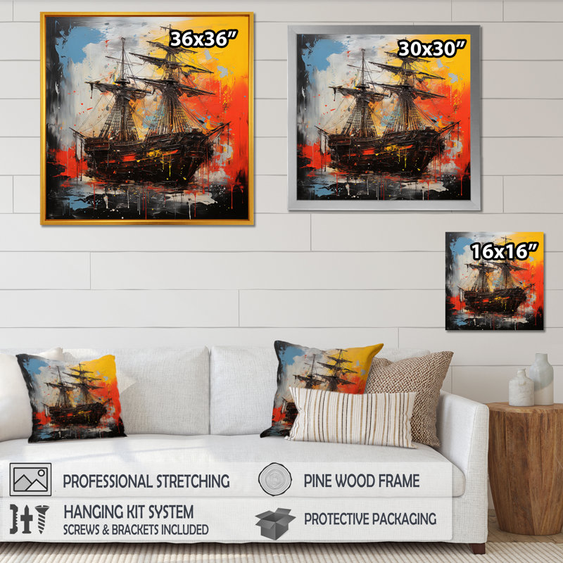 Popart bateau pirate coucher de soleil - art mural pirate, H 30 po x l 30 po x P 1,5 po, Toile tendue