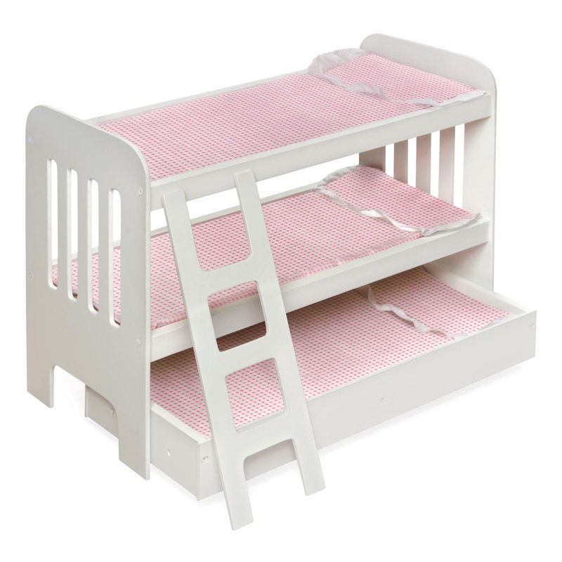 White and Pink Wooden Doll Bunk Bed with Ladder and Trundle