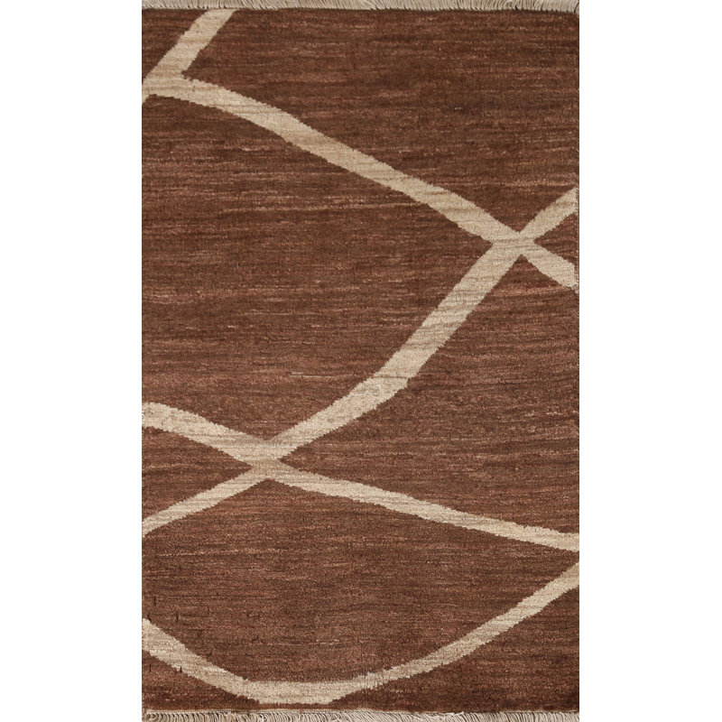Tapis brun en laine noué à la main de conception unique 2 pi 1 po x 3 pi 3 po New Age