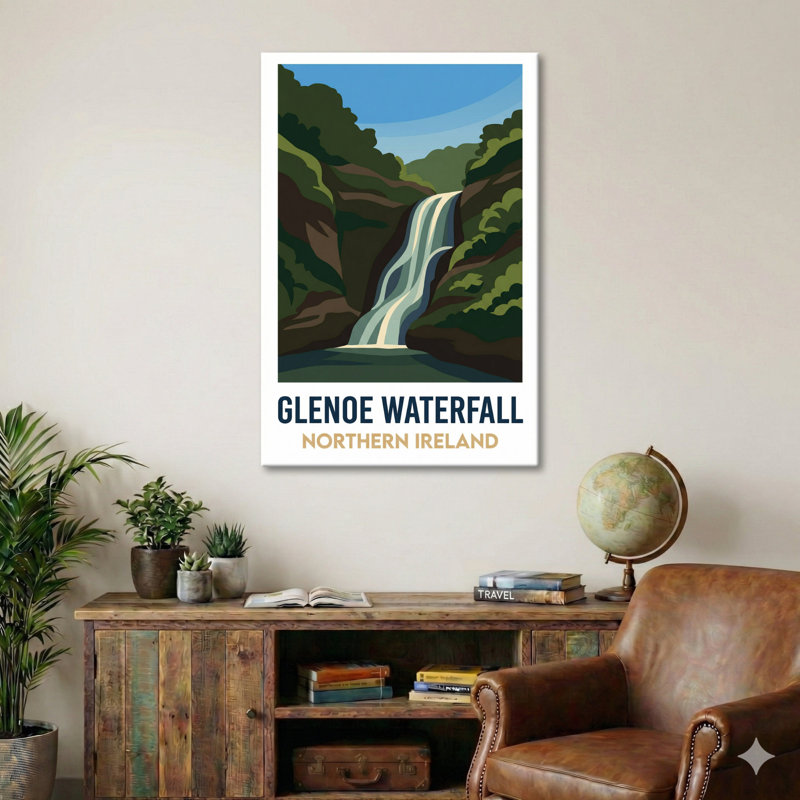 Glenoe Waterfall, Northern Ireland - Romantic Travel Poster of Falls and Woodland. Giclee Print on Wrapped Canvas. Wall Art, Home Decor - Natural Landmarks, Northern Ireland 1 Piece Wrapped Canvas Wall Art