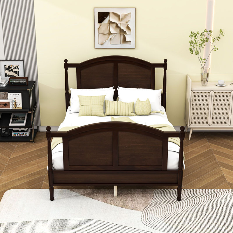 Lit plateforme avec tête de lit arquée élégante et colonnes décoratives, Noyer, Lit double