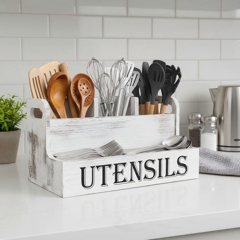 Très grand porte-ustensiles de cuisine avec 4 compartiments, organisateur d'ustensiles en bois blanc pour comptoir de cuisine, rangement pour ustensiles de ferme, ustensiles de cuisine rustiques - grain blanc